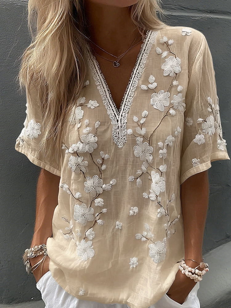 Women's Vintage Floral Print V Neck Linen Blend Short Sleeve T-shirt