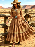 Women's Western Vintage Linen-Blend Maxi Dress