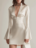 Elegant White Satin Flare Sleeve Mini Dress