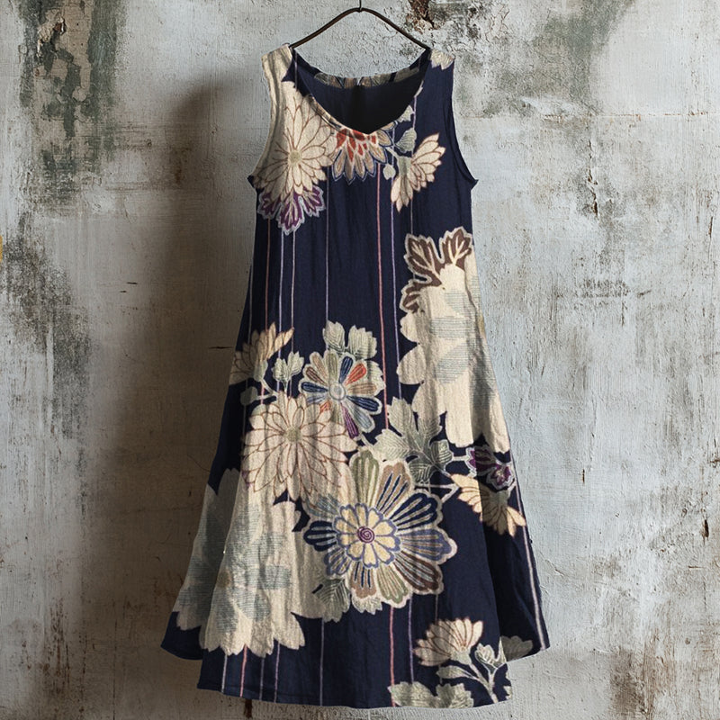 Traditional Japanese Floral Pattern Linen Tank Dress