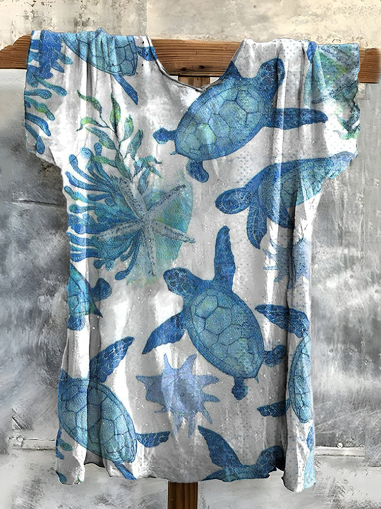 Turtle Art Print Cotton Crew Neck T-shirt