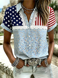 Women's retro Western style patriotic printed short sleeved shirt