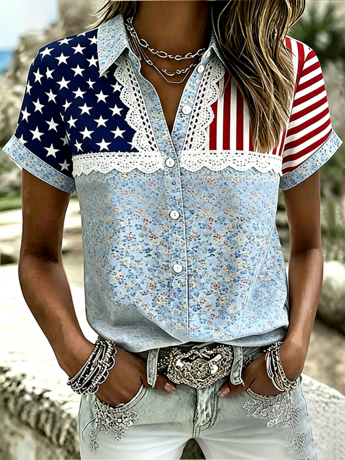 Women's retro Western style patriotic printed short sleeved shirt