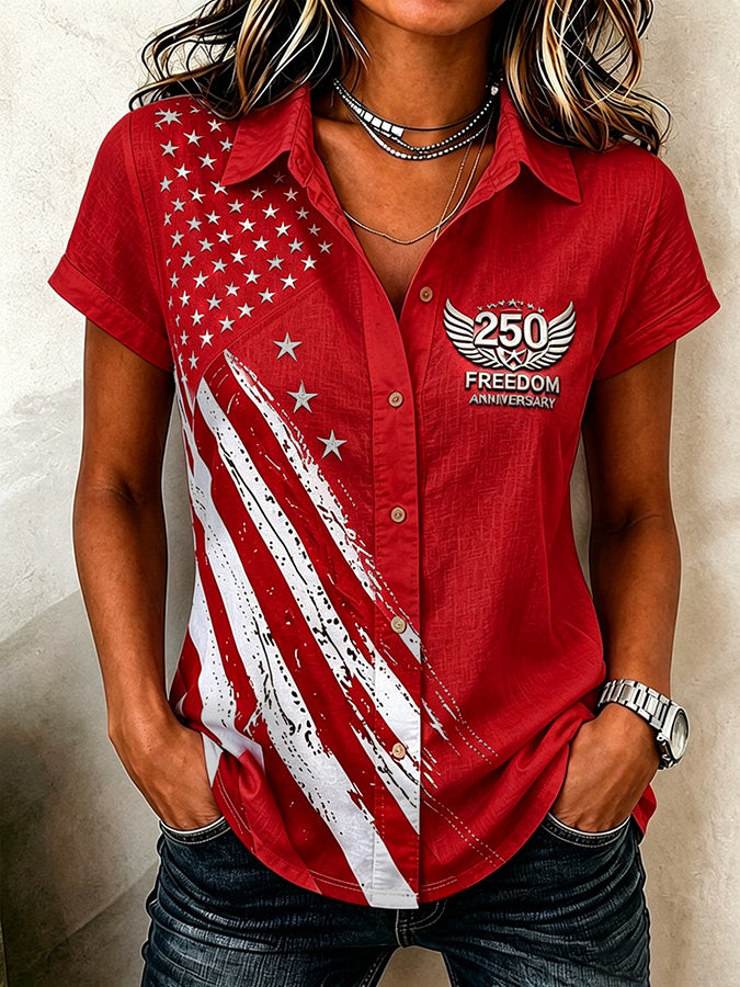 Women'S Retro Western Style Patriotic Printed Short Sleeved Shirt