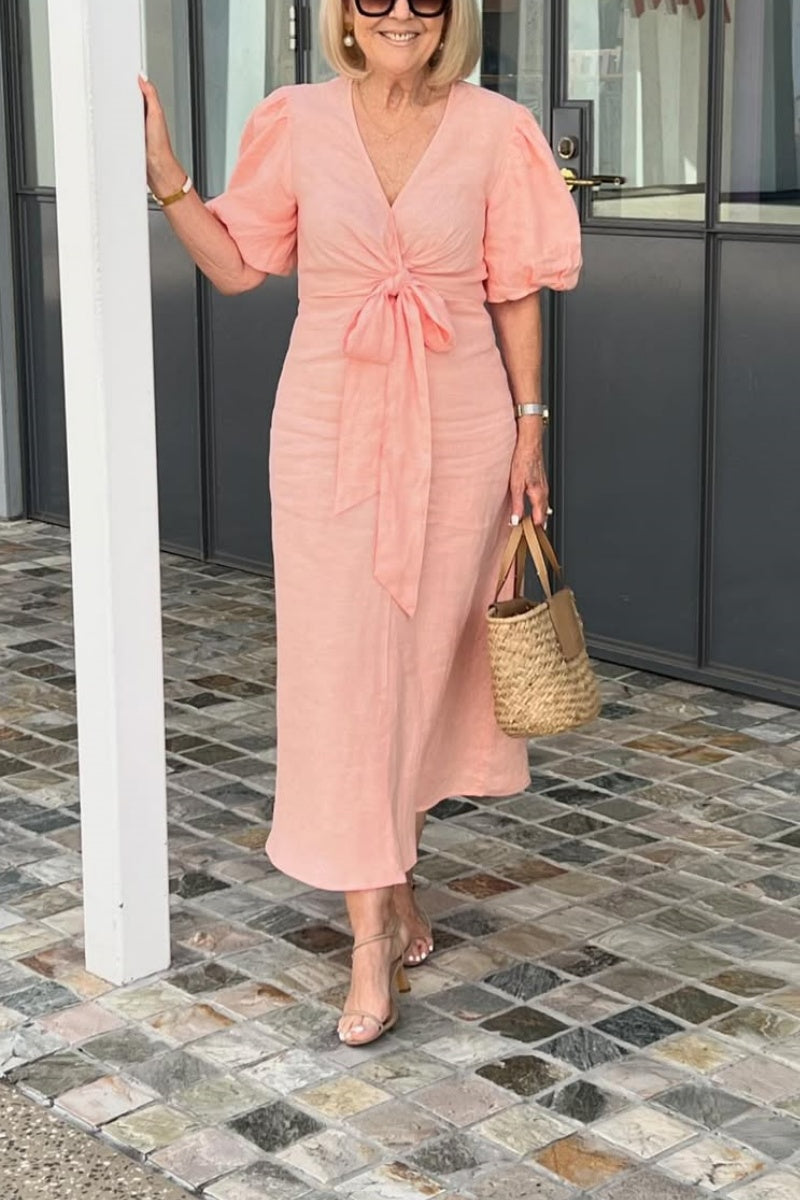 V-neck Tie-waist Puff Sleeve Cotton Dress