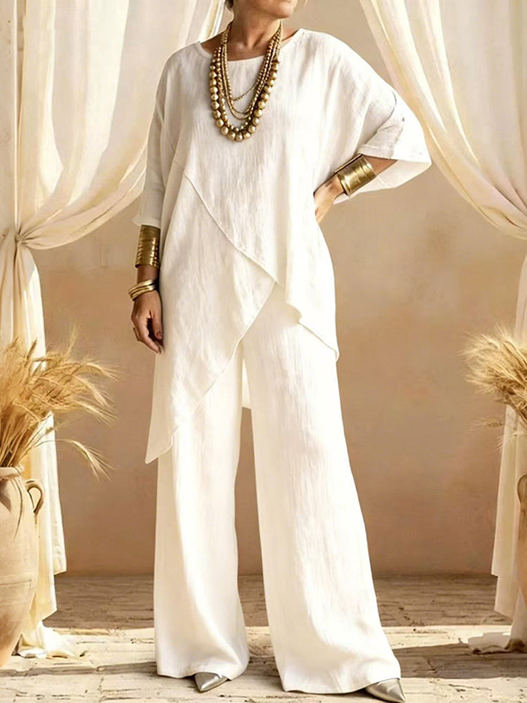 Women's Comfy Linen Blend Flowy Double Layer Design Top And Pants Two-piece Set