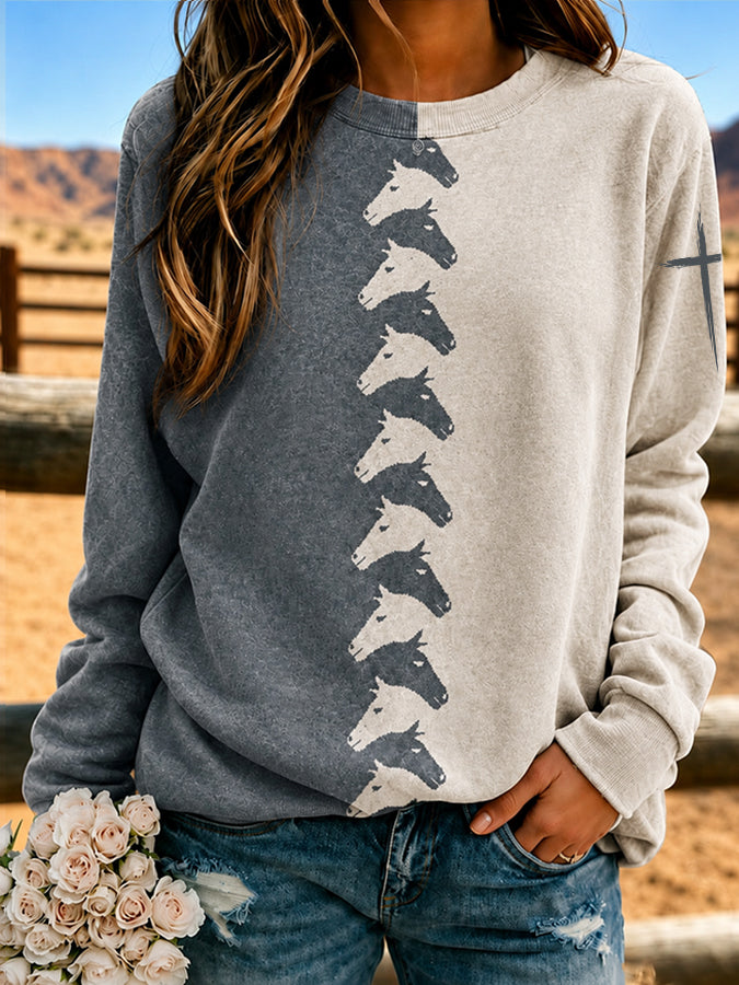 Women'S Western Style Cross Print Round Neck Sweatshirt
