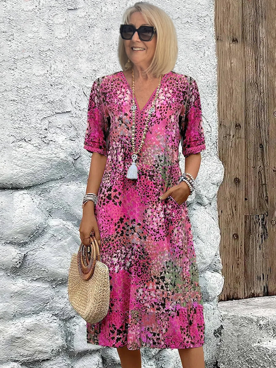 Women's Short Sleeve Summer Leopard Lace Dress V Neck Daily Going Out Casual Knee Length A-Line Khaki
