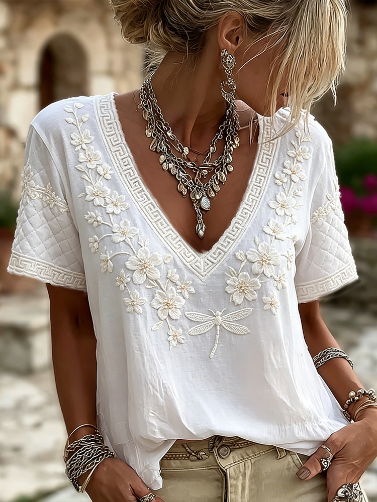Vintage Style Cherry Blossom And Dragonfly Embroidered Linen Blend White Short Sleeve V-neck Top