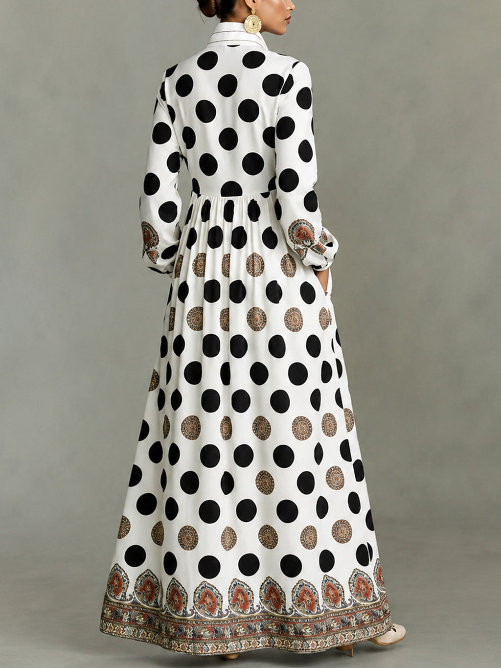 Classic Totem & Polka Dot Color-block Dress With Lapel, Cinched Waist, And Flared Skirt