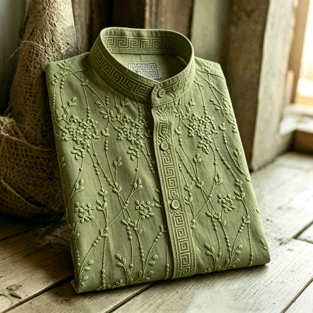 Retro Floral Pattern Casual Linen Blend Shirt