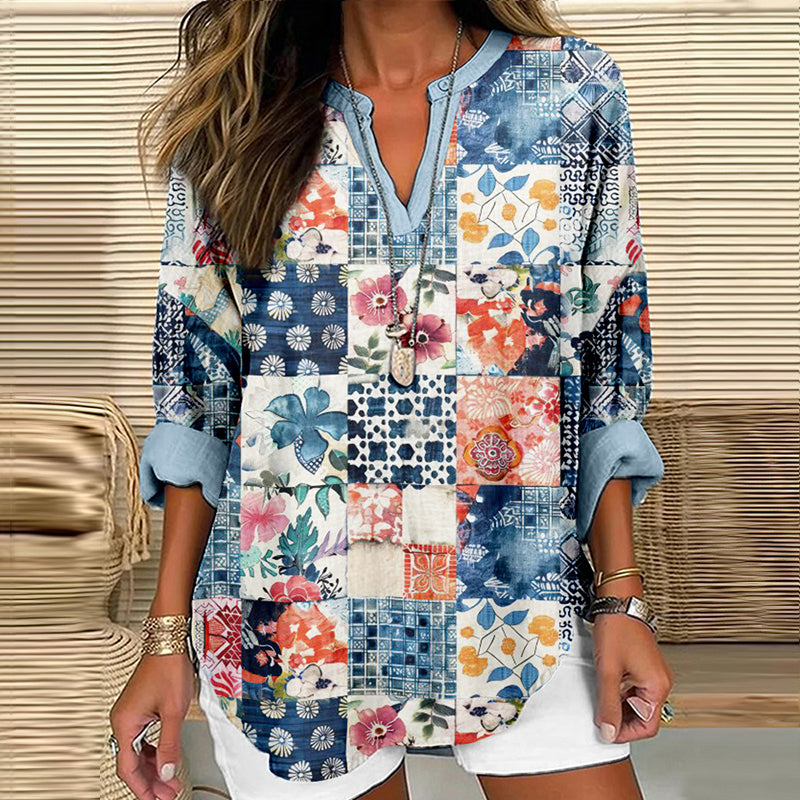 Japanese Sashiko Boho Style Quilt Pattern Linen Tunic