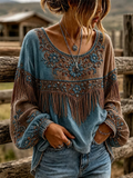 Women's Vintage Western Art Pattern Long Sleeve Linen Blend T-shirt