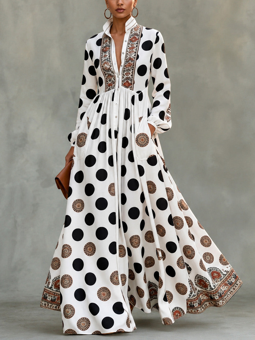 Classic Totem & Polka Dot Color-block Dress With Lapel, Cinched Waist, And Flared Skirt