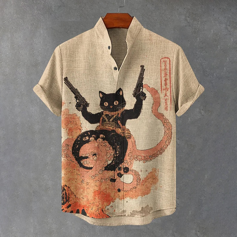 Men's Black Cat Octopus Ocean Fantasy Art Print Casual Shirt