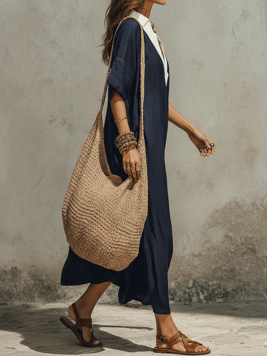 Relaxed Bohemian Deep-V Navy Maxi Dress
