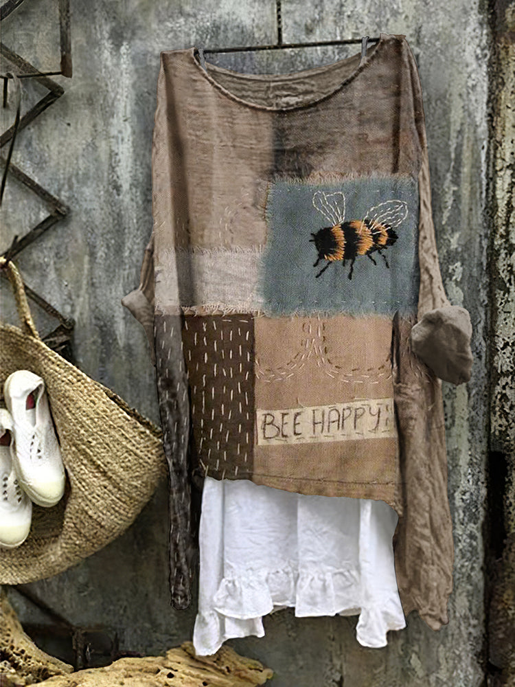 Retro Patchwork Bee Happy Embroidery Art Linen Blend Blouse