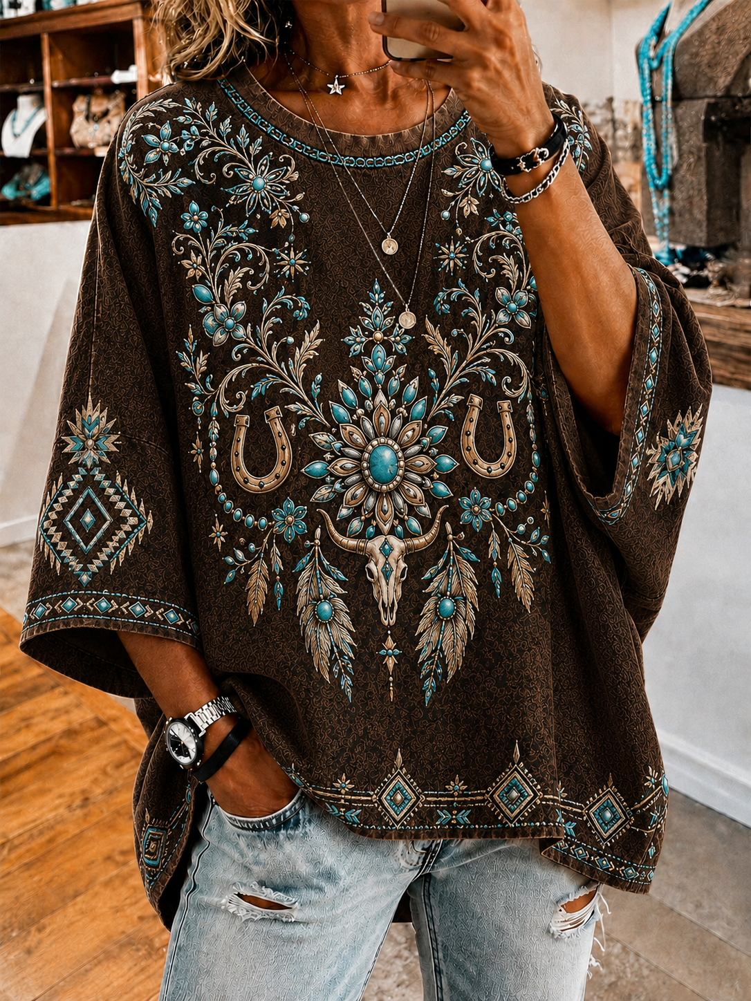 Women'S Vintage Ethnic Patterns Print Loose Top