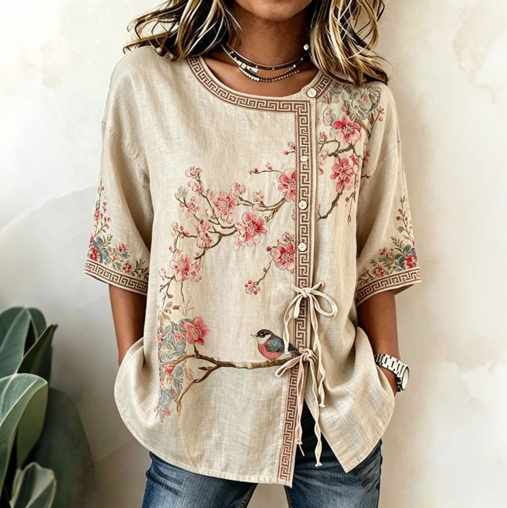 Women's Vintage Cherry Blossom & Bird Art Pattern Tie-front Shirt