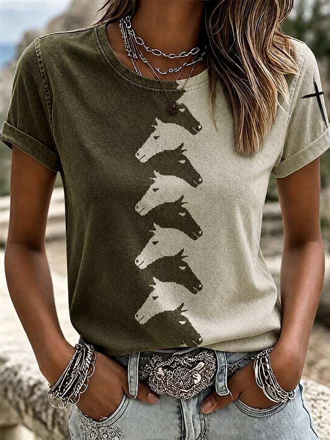 Women'S Western Style Animal Cross Round Neck T-Shirt