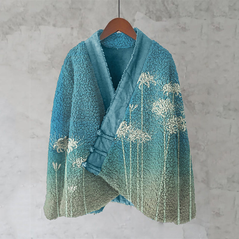 Classy Spider Lily Gradient Japanese Art Cozy Fleece Kimono Cardigan