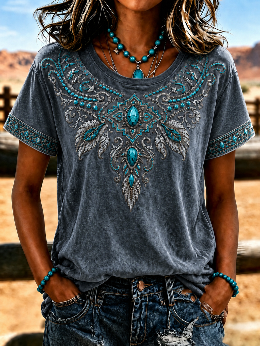 Women'S Retro Ethnic Art Printed Round Neck T-Shirt