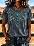 Women'S Retro Ethnic Art Printed Round Neck T-Shirt