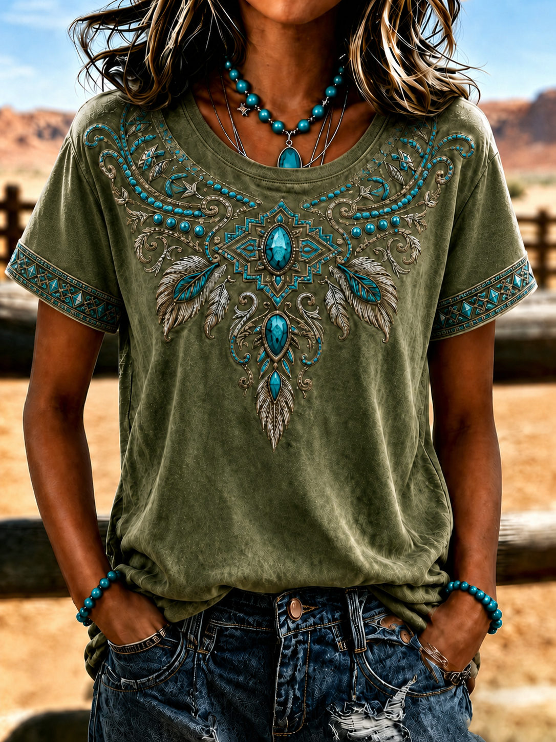 Women'S Retro Ethnic Art Printed Round Neck T-Shirt