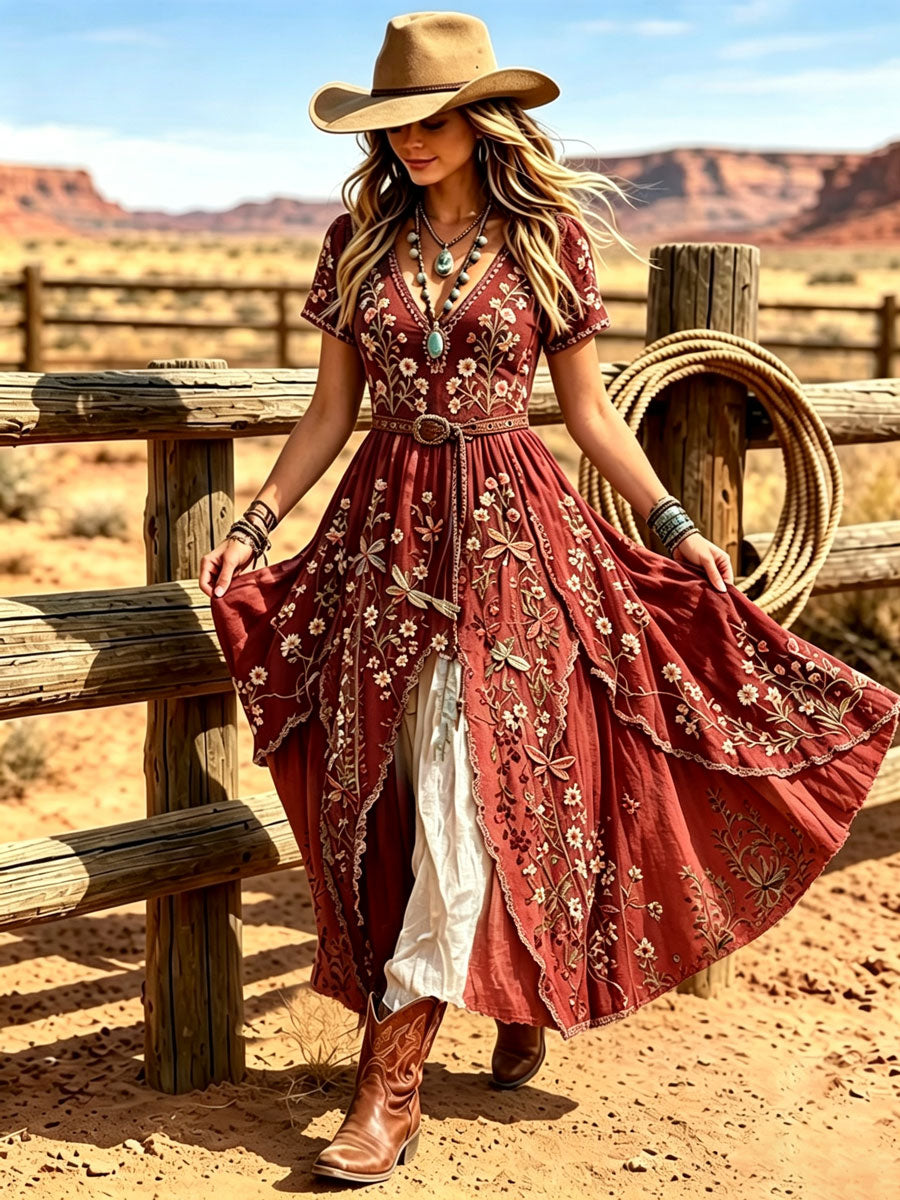 Women's Western Vintage Linen-Blend Maxi Dress