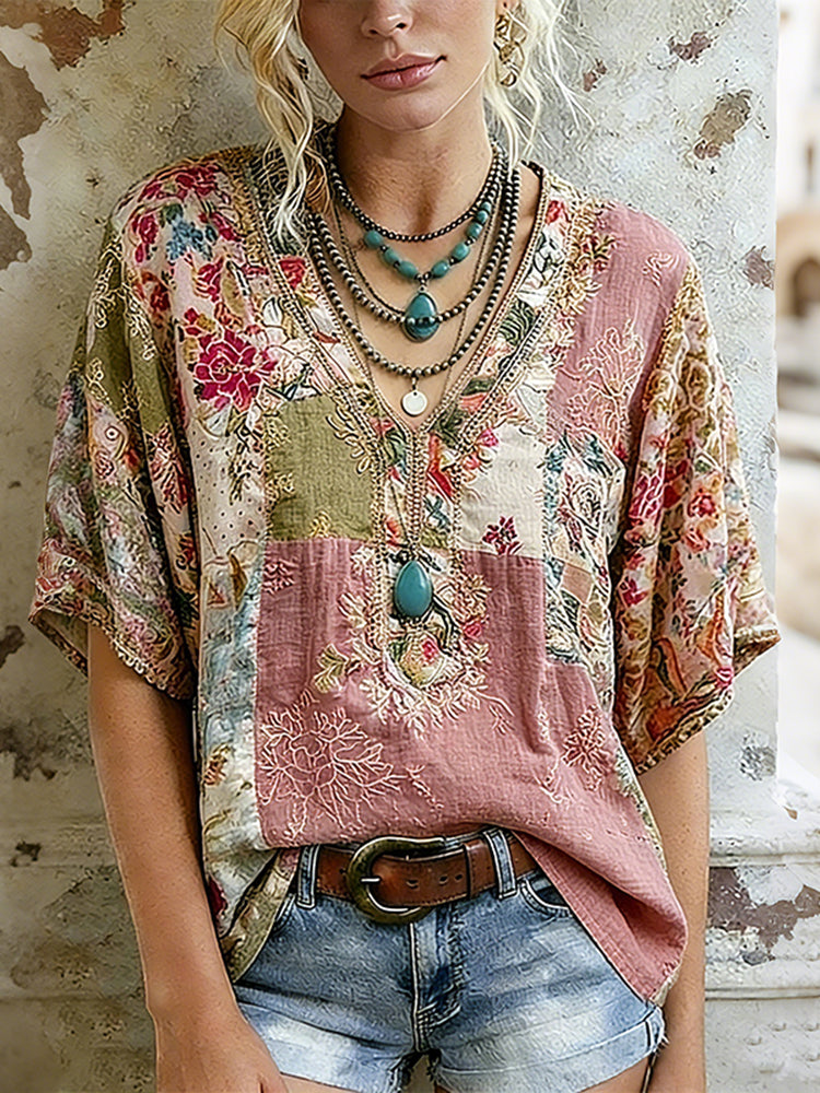 Women's Vintage Bohemian Floral Patchwork Art Linen Blend Crew Neck T-shirt