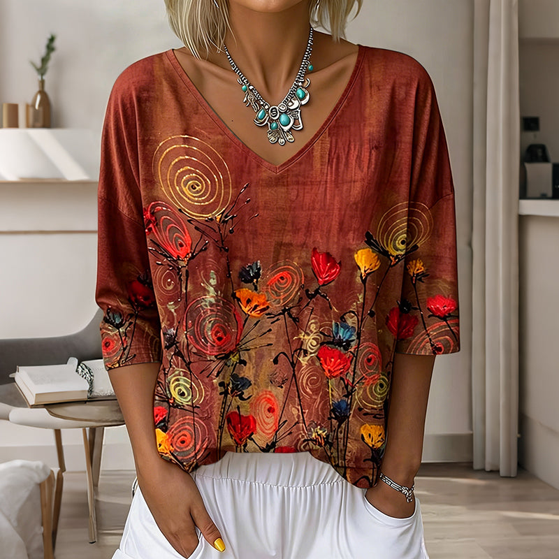 Women's Vintage Floral Pattern Art Print Flowy Linen Blend  Three-quarter Sleeve V Neck Linen Tops