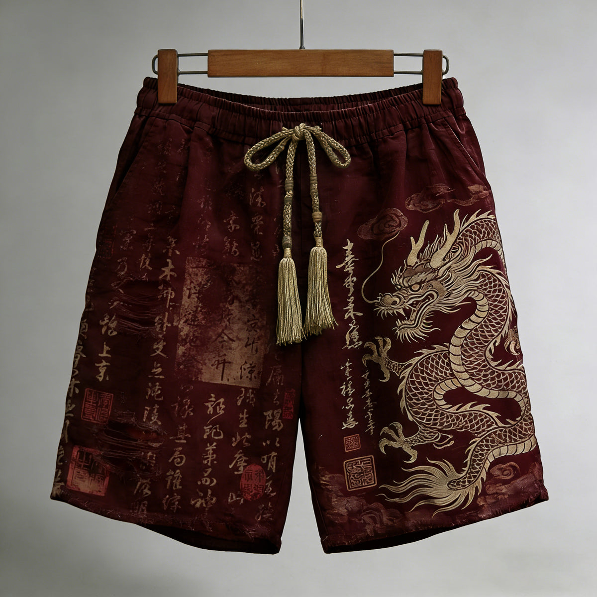 Men's Calligraphy With Dragon Art Pattern Linen Blend Casual Shorts