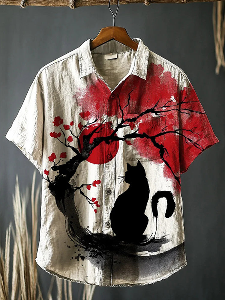 Men's Cat Under The Cherry Tree Japanese Art Print Short Sleeve Shirt