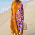 Vintage Japanese Fish Art Cotton Linen Comfy Maxi Dress