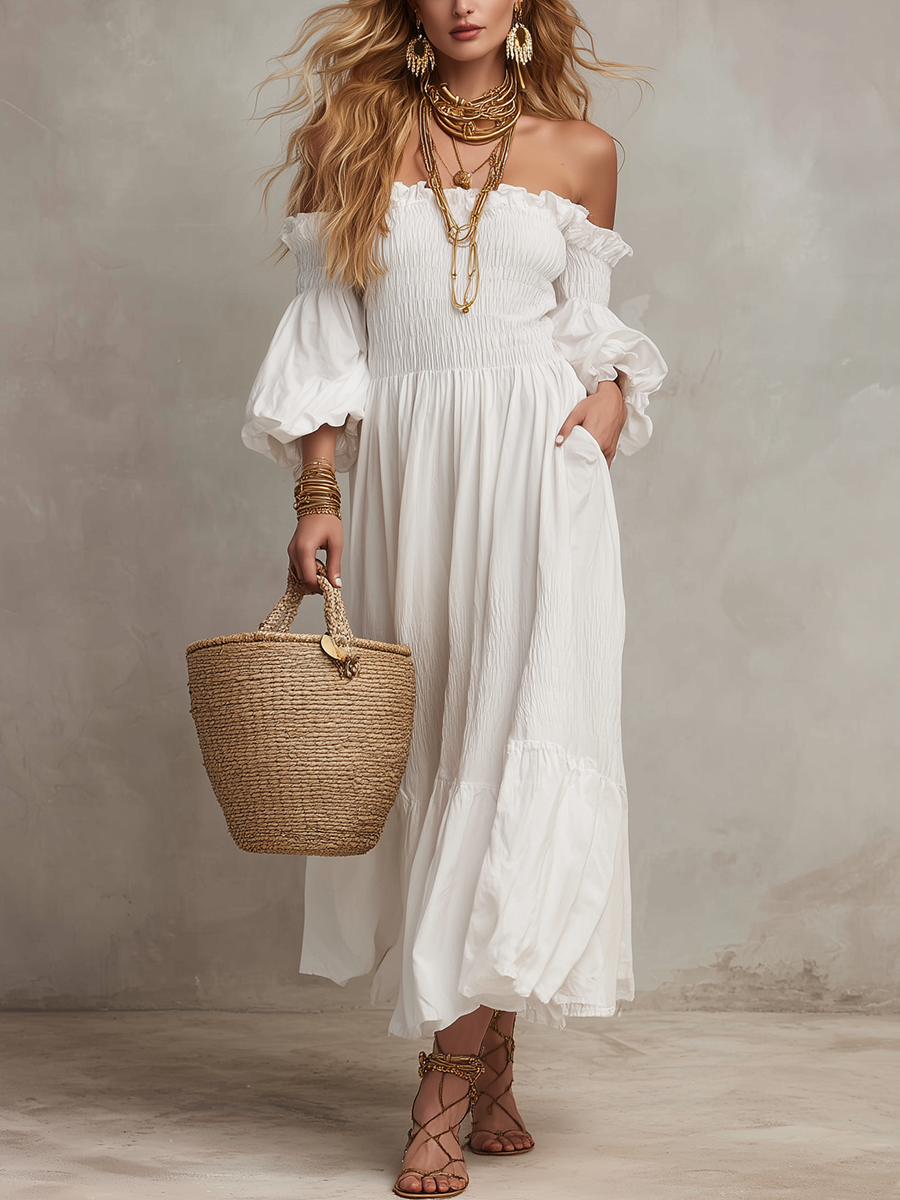 Pure White Off The Shoulder Bohemian Style Long Dress