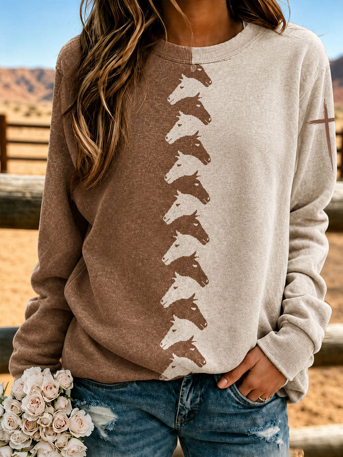 Women'S Western Style Cross Print Round Neck Sweatshirt