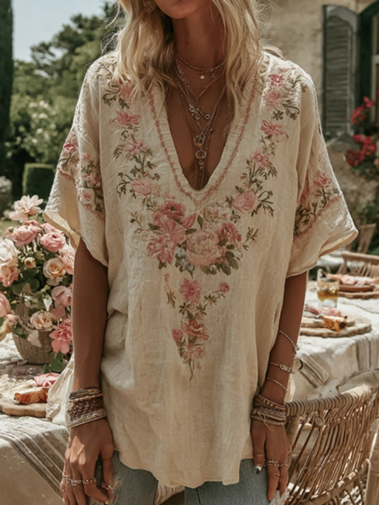 Vintage Floral Pattern Art Linen Comfy Tunic