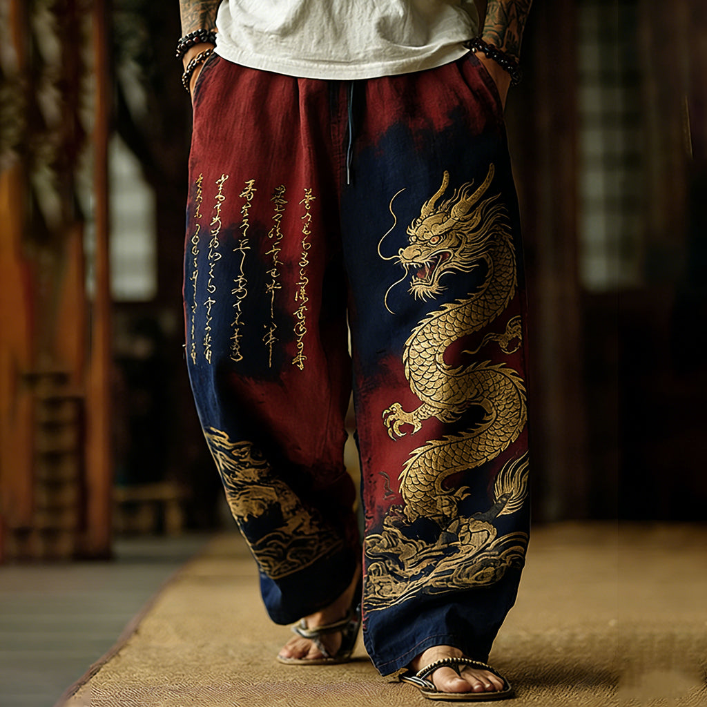 Japanese Retro Dragon Pattern And Calligraphy Art Tie-dye Pants