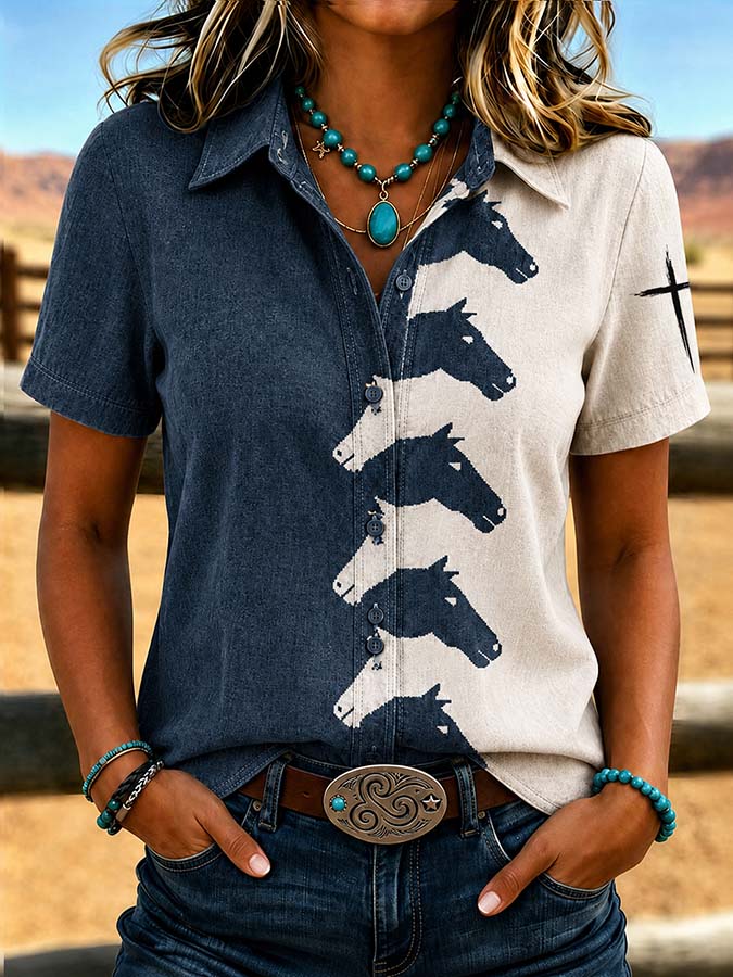 Women'S Retro Western Style Cross Short Sleeved Shirt
