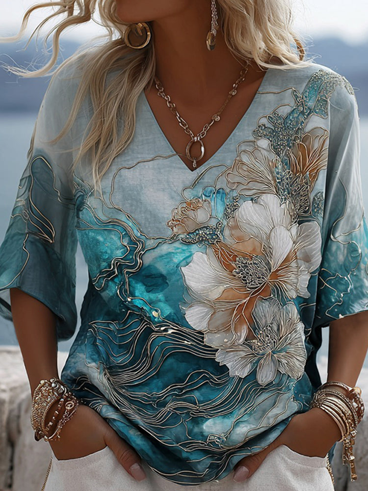 Vintage Gradient Marble Texture Froal Pattern Art Linen Shirts