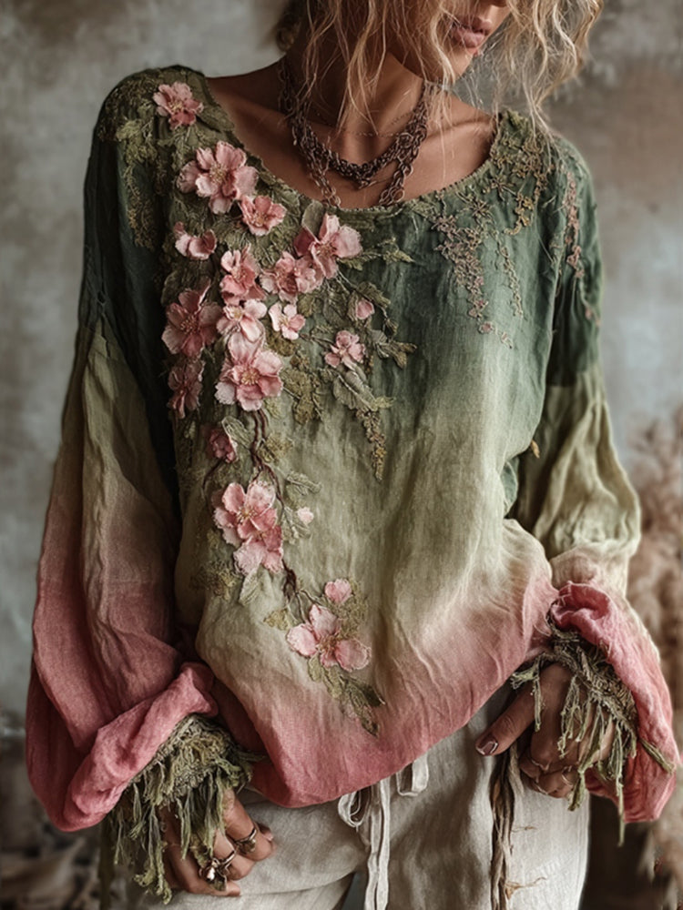 Vintage Cherry Blossom Gradient Linen Long Sleeve Shirt