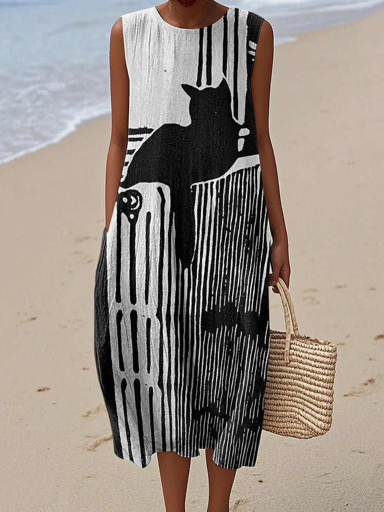 Women's Retro Geometric Black Cat Art Pattern Cotton And Linen Dress