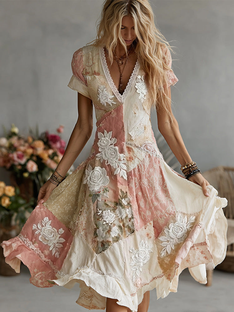 Women's Vintage Bohemian Rose Patchwork Short-sleeve V-neck Dress