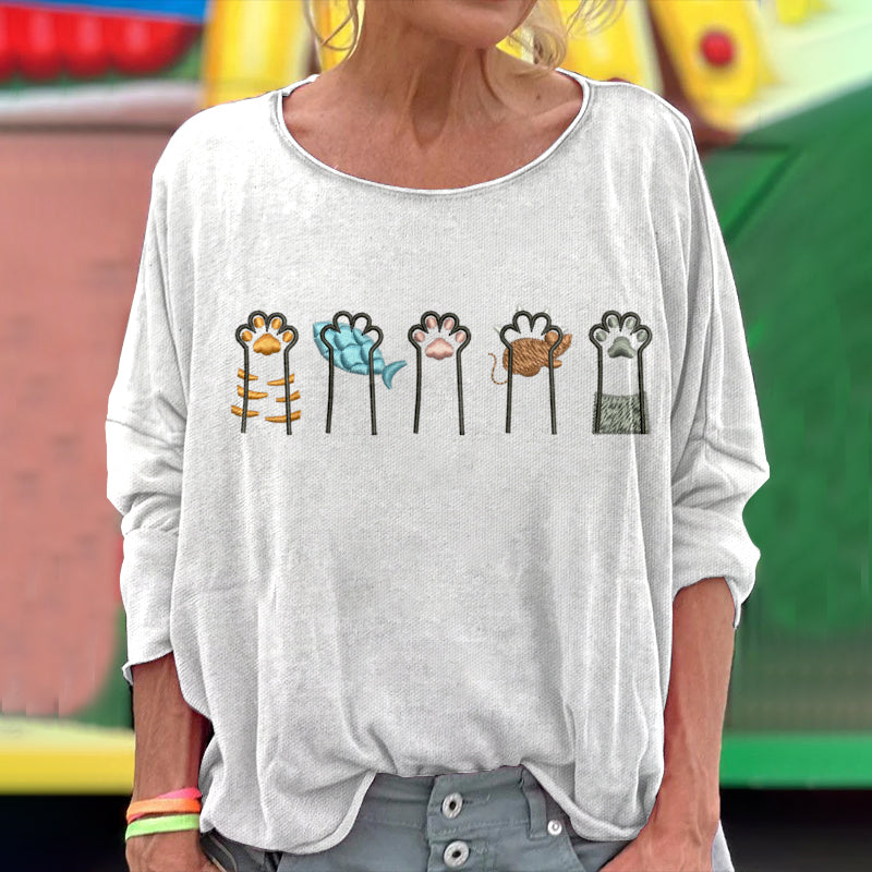 Women's Retro Colorful Cat Paw Art Long Sleeve T-shirt