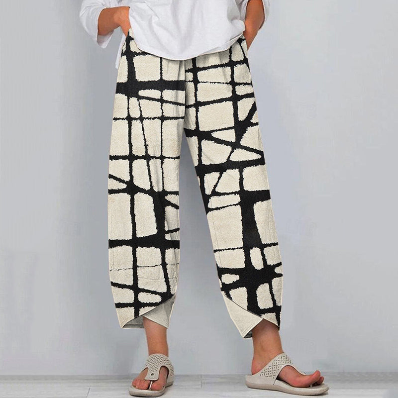 Abstract Art Line Print Linen Blend Pants