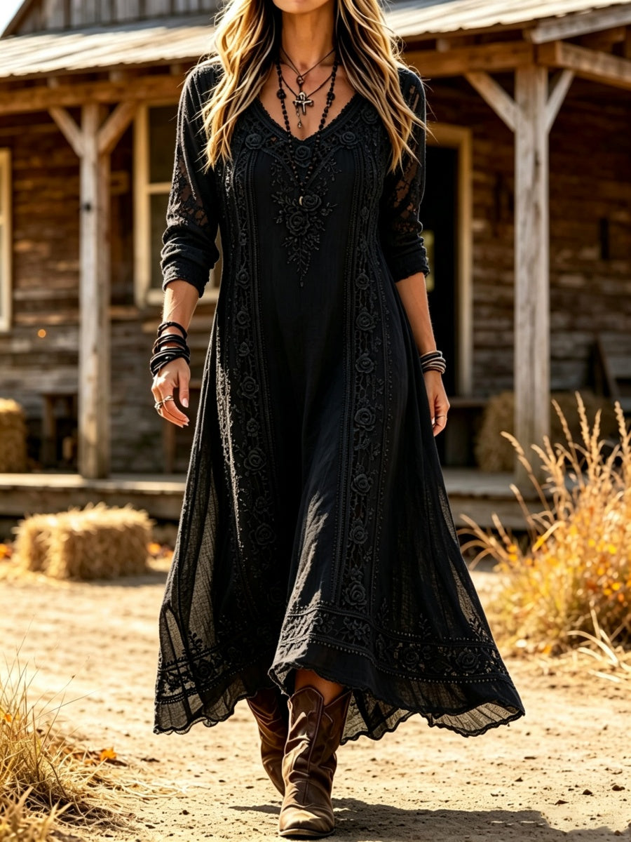 Women's Western Floral Art Casual Long Sleeve Maxi Dress