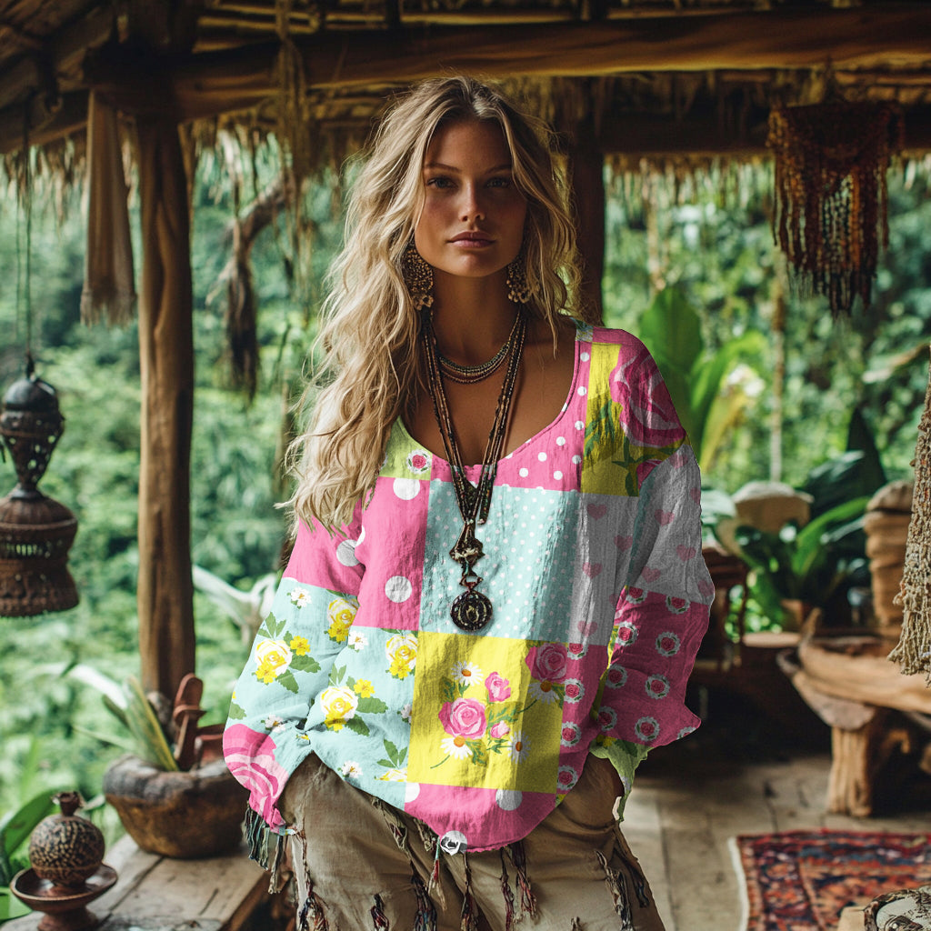 Women's Vintage Bohemian Patch Cotton And Linen Shirt
