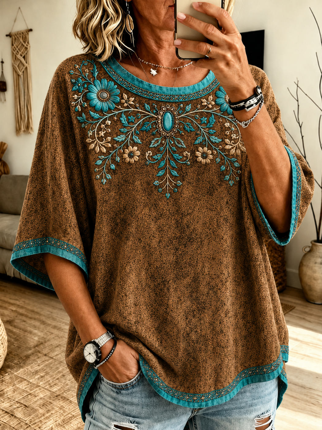 Women'S Vintage Ethnic Patterns Print Loose Top
