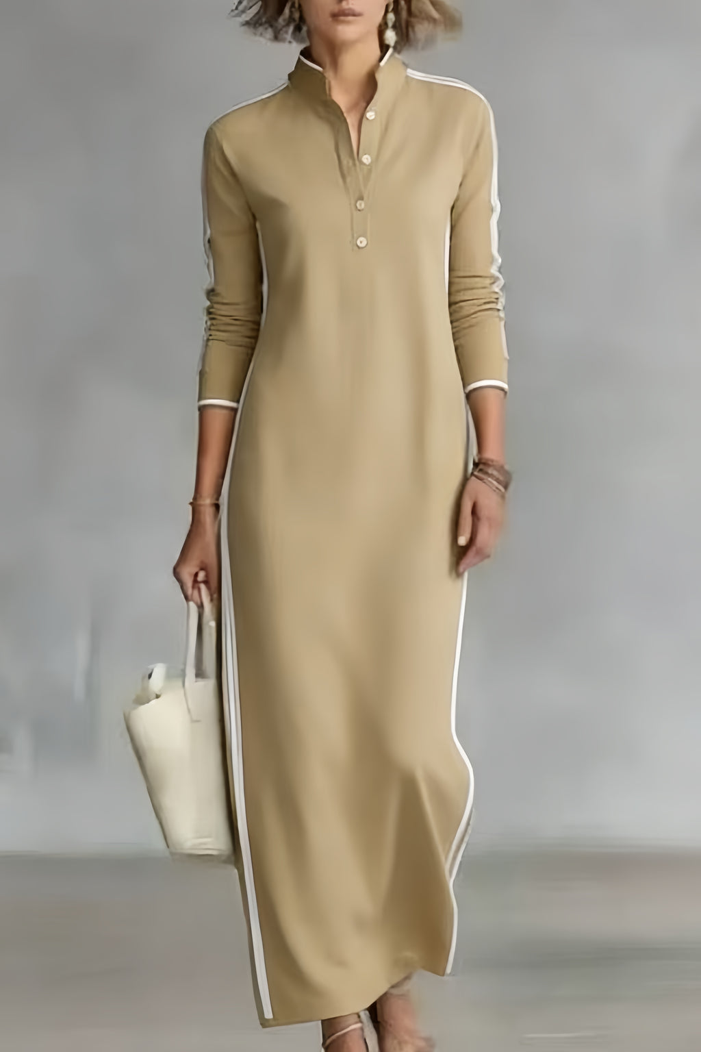 Women's Minimalist White-trimmed Button-down Collar Sweatshirt Dress Maxi Dress