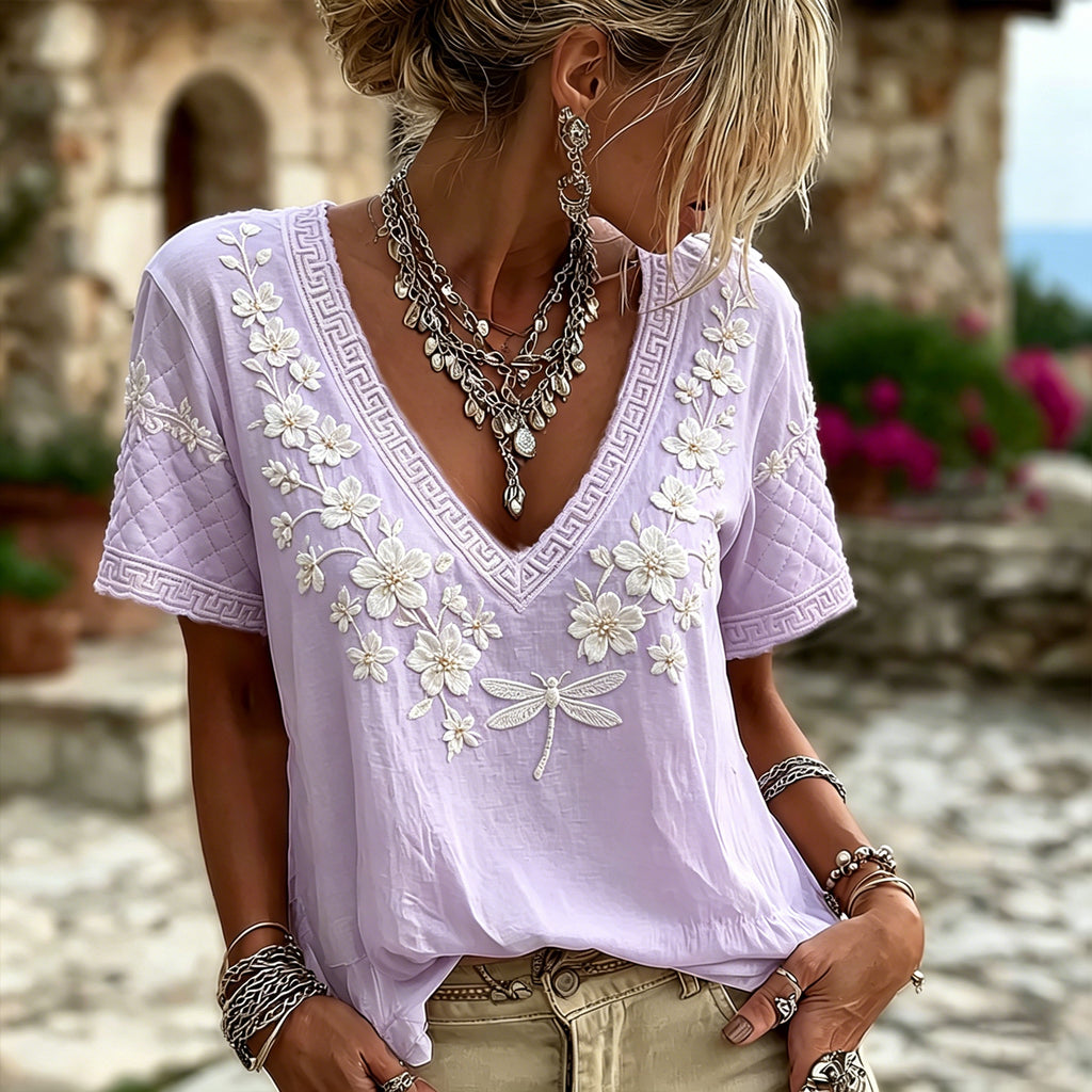 Vintage Style Cherry Blossom And Dragonfly Embroidered Linen Blend White Short Sleeve V-neck Top